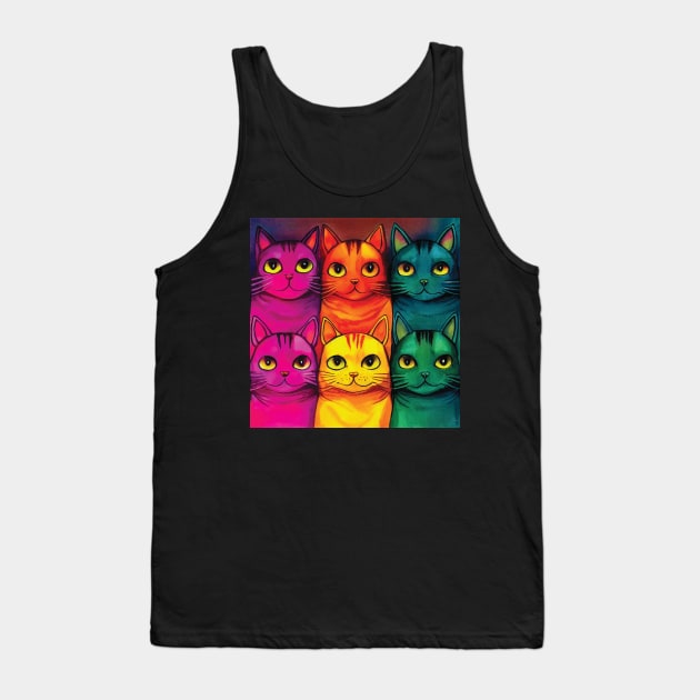 Multicoloured Cats Print in Bold Pink, Orange, Yellow, Green and Blue Tank Top by Geminiartstudio